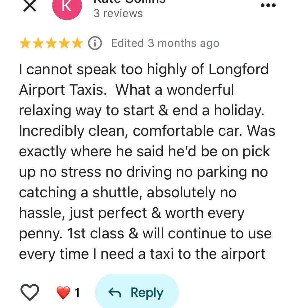 Astley & Tyldesley Airport Transfers Review praising Longford Airport Taxis for cleanliness, comfort, and hassle-free service.