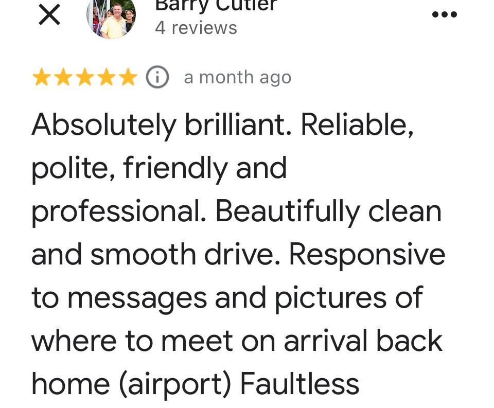 Longfords Airport Taxis Review praising a transportation service for reliability, professionalism, and cleanliness.