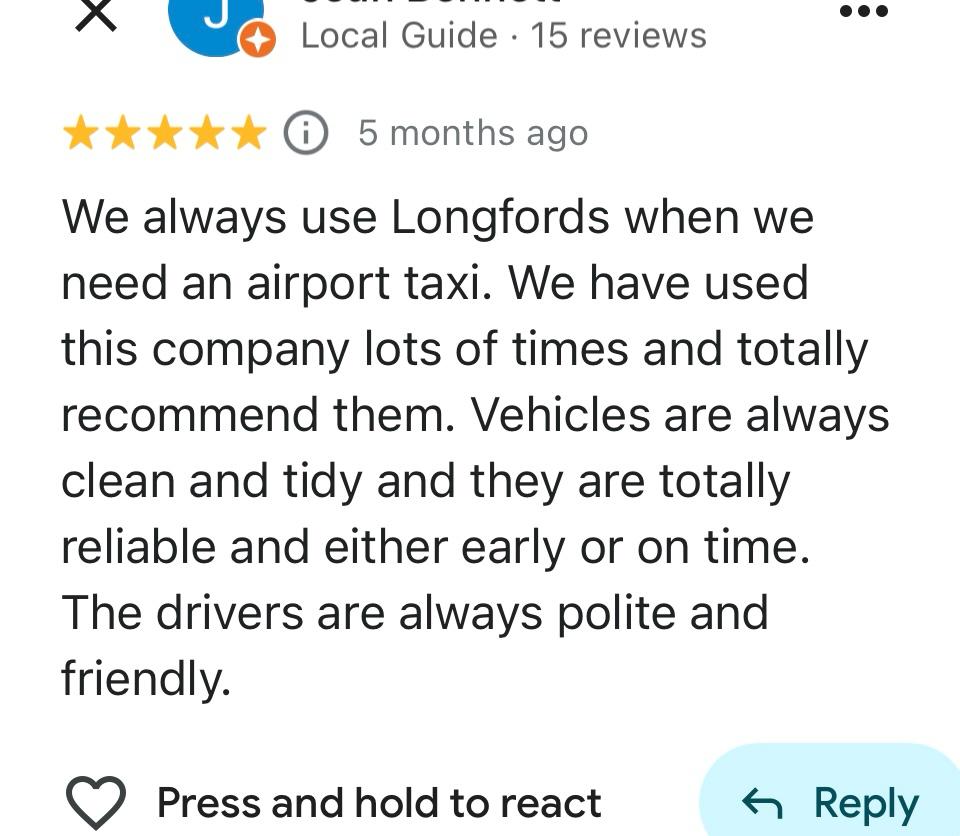 Leigh's Airport Transfers Review praising Longfords for reliable, clean, and friendly airport taxi service.