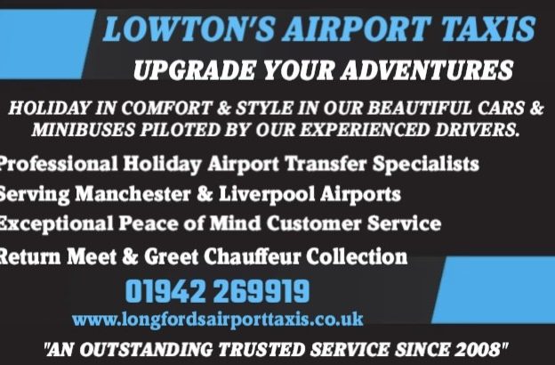 Text promoting Lowton's Airport Taxis services, including transfers and customer care details.