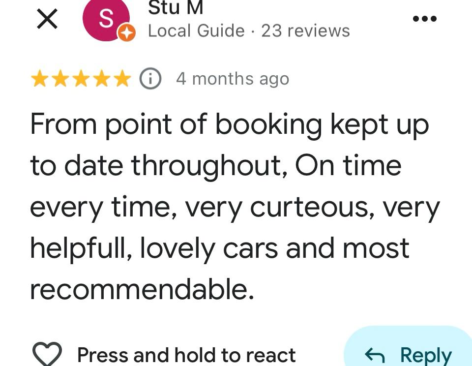 Leigh's Airport Transfers Five-star review praising timely service and helpfulness, highlighting lovely cars.