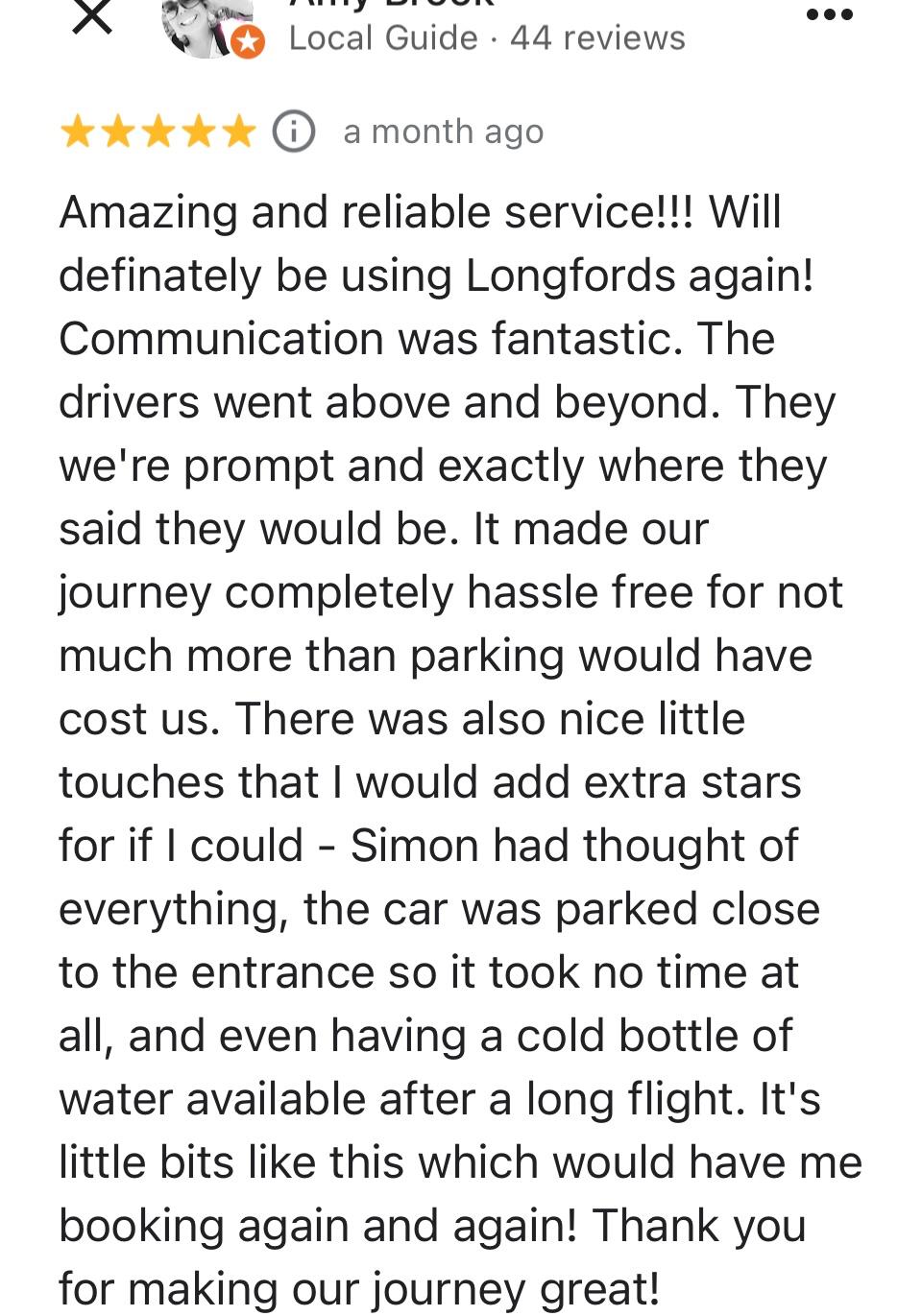 Lowton & Golborne Airport Taxis Customer review praising Longford's services, highlighting reliability and helpful drivers.