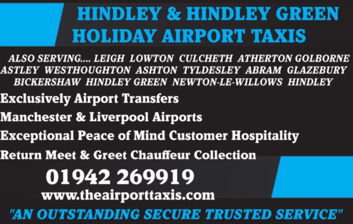 Blue and black promotional flyer for Hindley & Hindley Green Holiday Airport Taxis, featuring contact details.