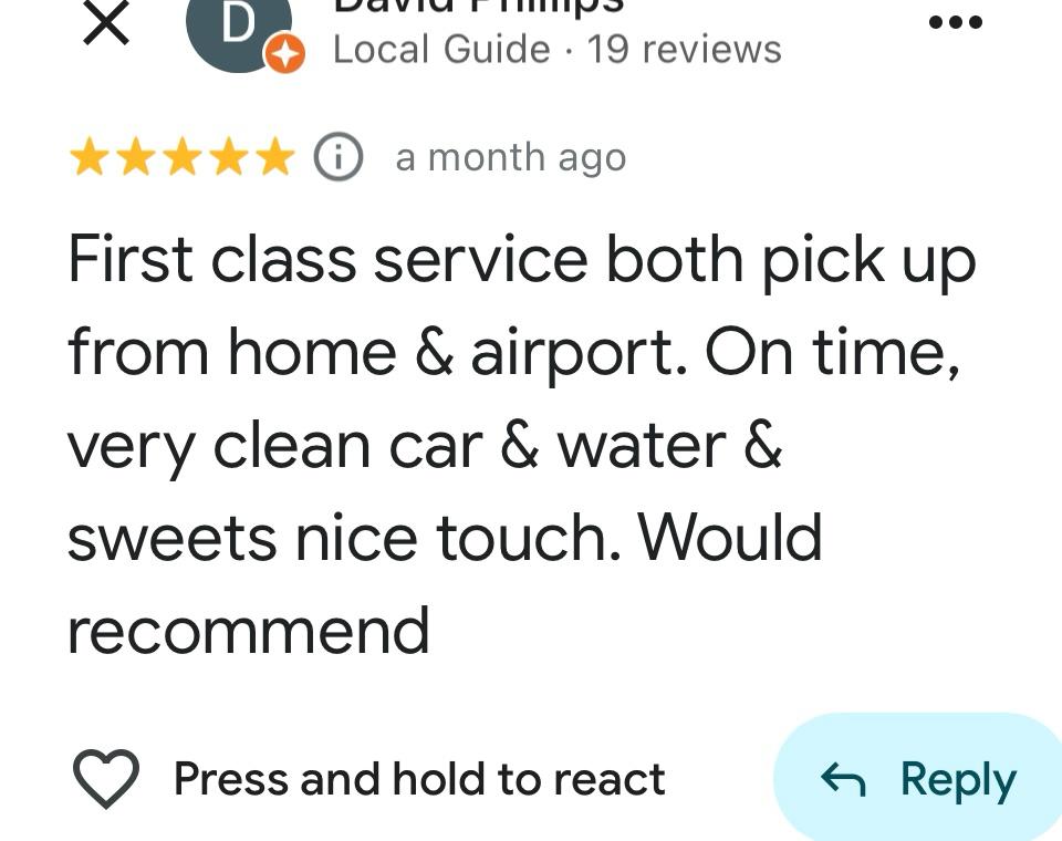 Longfords Airport Taxis Review praising first-class service, punctuality, cleanliness, and thoughtful extras.