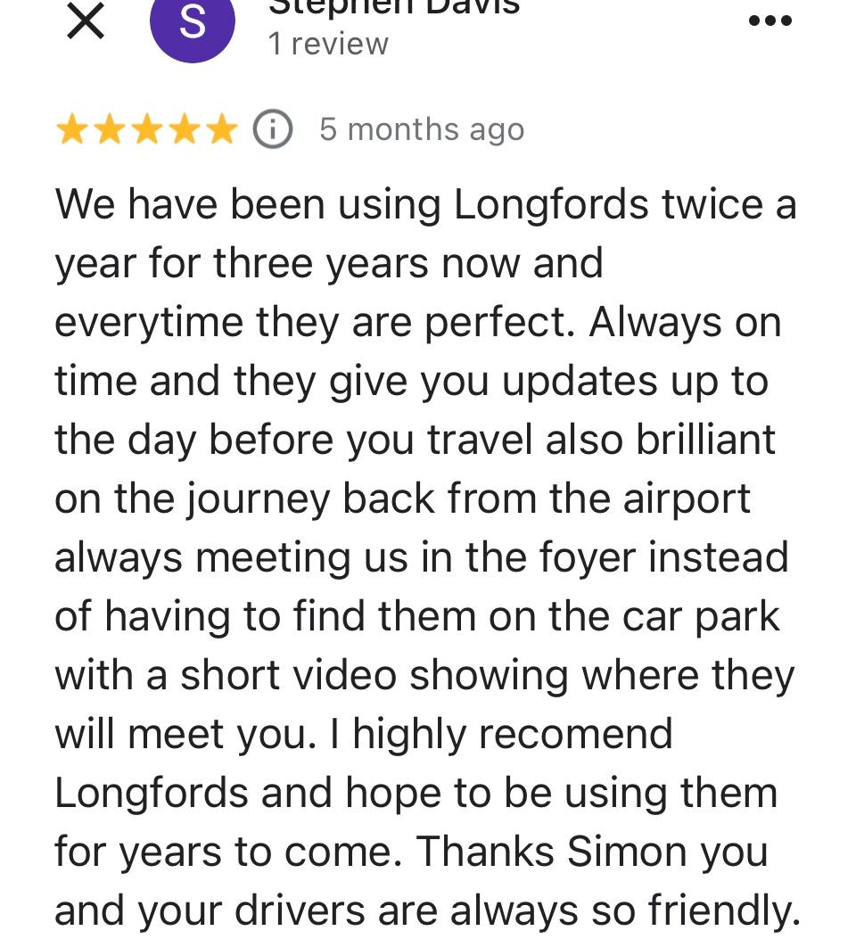 Longfords Airport Travel Review highlighting excellent service and timely updates from Longfords for three years.