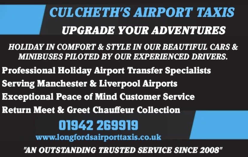 Culcheth's Airport Taxis promotional banner highlighting transfer services and customer care.