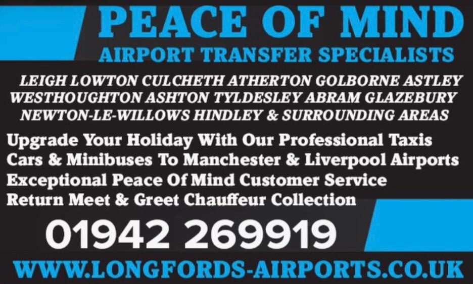 Text promoting Lowton's Airport Taxis services, including transfers and customer care details.