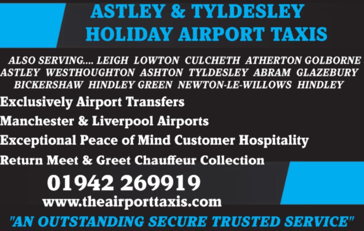 Logo for Astley & Tyldesley Holiday Airport Taxis with contact details and services offered.