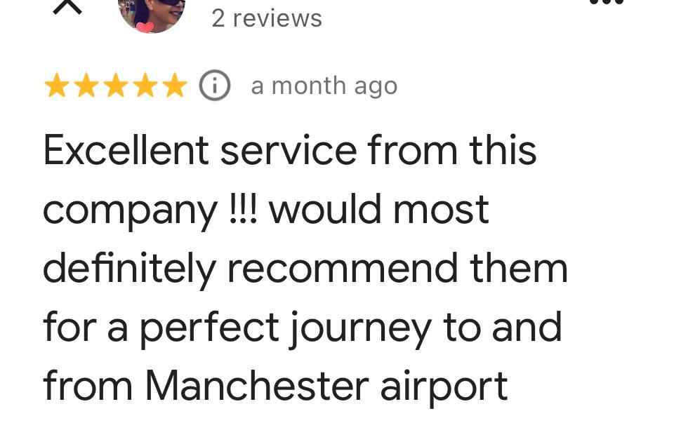Leigh's Airport Transfers Five-star review praising excellent service for journeys to and from Manchester airport.
